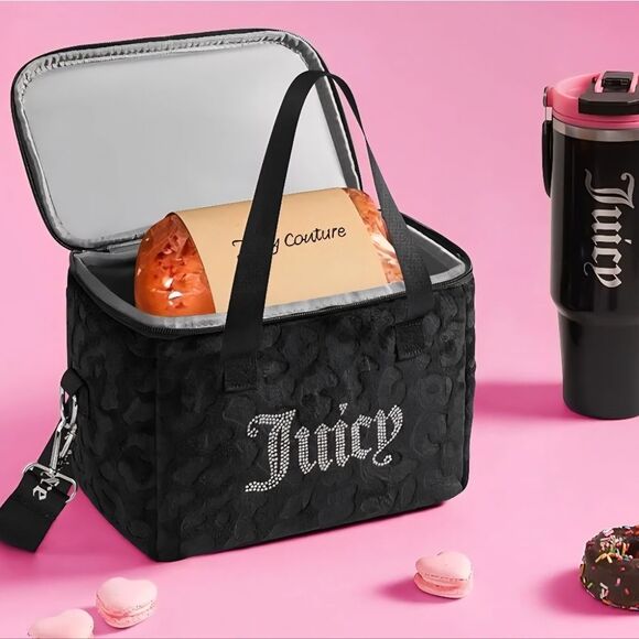 Juicy Couture Rhinestone Logo Embossed Leopord Velour Insulated Lunch Tote Bag - Picture 3 of 15